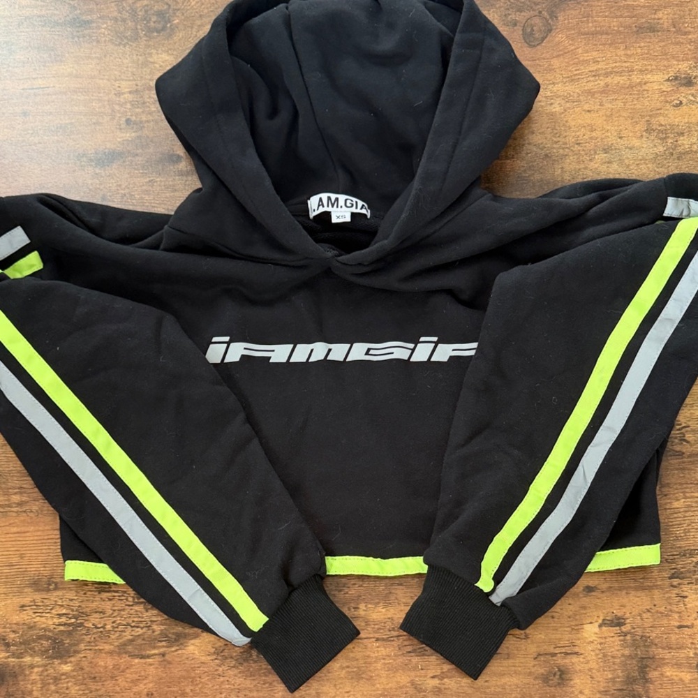 I.AM.GIA Black Hoodie with Neon Green & Gray Stripes